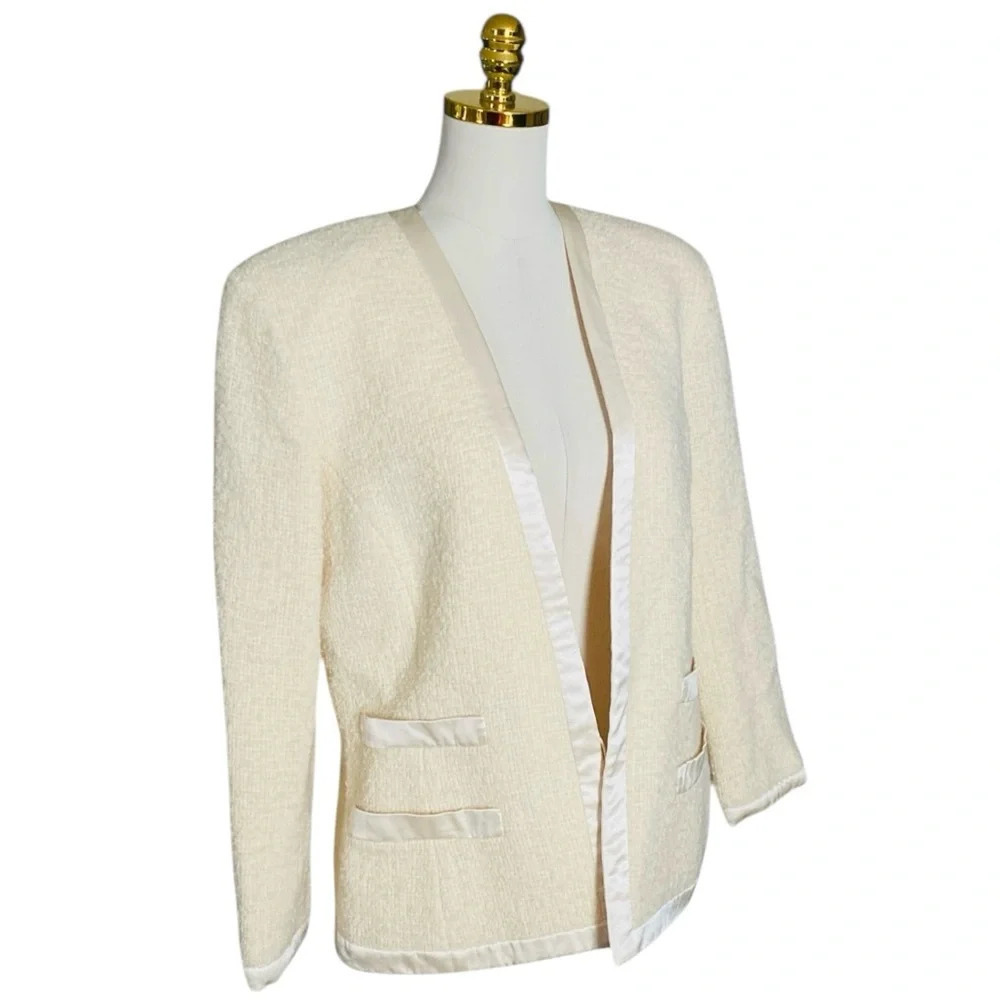 ALBERT NIPON | Women’s Cream Tweed with Ribbon Trim Open Blazer Jacket Size 10 - Picture 2 of 7